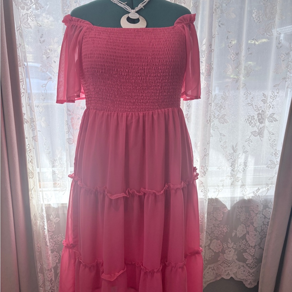 Smocked Bodice Pink Midi Dress